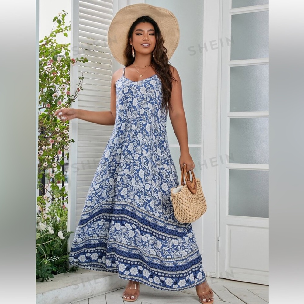 💙SHEIN NEW!! BOHO BLUE SND WHITE SPAGHETTI STRAP FLOWY MAXI SUMMER DRESS